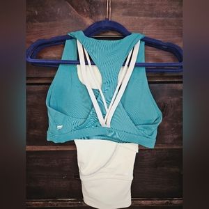 Fabletics small green sports bra and cream legging set